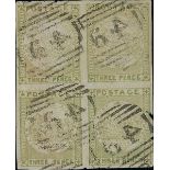 New South Wales 1850-51 Sydney Views Three Pence Bluish wove paper, yellow-green block of four,...