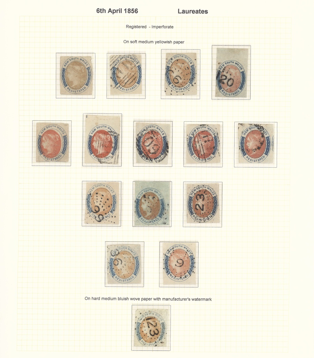 New South Wales 1851-54 Laureated Issues Unwatermarked Registered 6d., fourteen examples on sof...