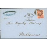 Victoria Half Lengths Covers 1854 (23 Mar.) Melbourne town entire (no side flaps) to the Treasu...