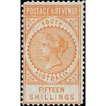 South Australia 1886-1912 "Long Stamps" 1886-96 Postage and Revenue Issued Stamps 15/- brownish...