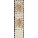 South Australia 1886-1912 "Long Stamps" 1902-04 Thin "postage" 1/- brown, a vertical pair with...