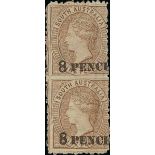 South Australia 1876-1900 wmk. Broad Star, perf 11½-12½, "8 pence" on 9d. brown vertical pair,...