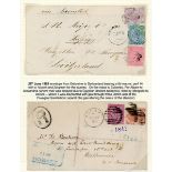 Tasmania Postal Fiscal Stamps Covers 1883 envelope from Deloraine "via Brindisi" to Switzerland...