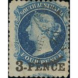 South Australia 1868-79 perf 11½-12½ "3-pence" in black on 4d. Prussian blue, fine and lightly...