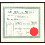 Great Britain: Aster Limited, £1 ordinary shares, 190[4], #28, sigtned by Sydney Begbie as dire...