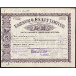 Great Britain/USA: Barnum & Bailey Ltd., £1 shares, (1905), #13591, vignettes of both P.T.Barnu...
