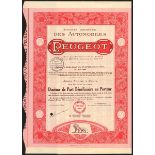 France: Automobiles Peugeot, a specimen one tenth preference share, 1911, ornate floral border,...