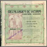 Spain: Metalurgica de Vitoria, 500 peseta share, 1900, lovely Art Nouveau piece with floral bor...