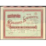 France: Aux Galeries Lafayette S.A., a group of 10 certificates for 100 franc share, Paris 15 D...