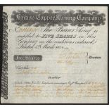 Great Britain: British Copper Mining Company, certificate for 5 shares, London 1834, no's 1816-...