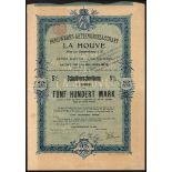Germany/France: Bergwerks-Aktiengesellschaft La Houve, 5% bond for 500 marks, Strassburg 1913,...