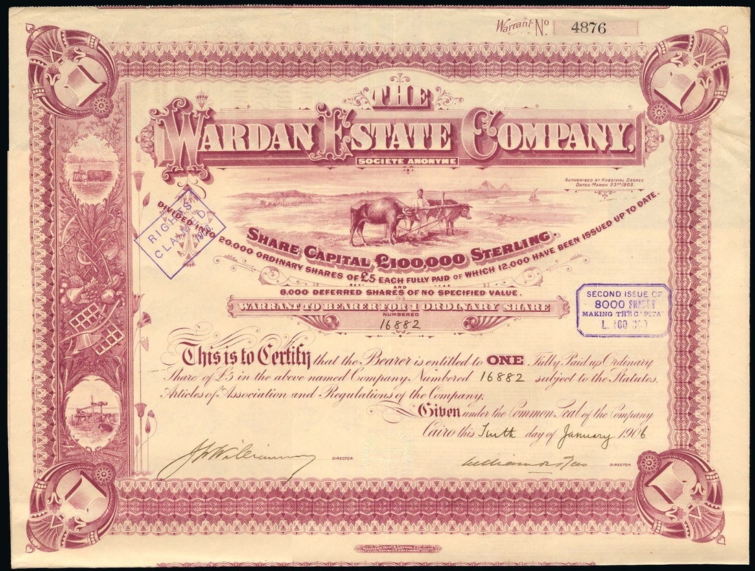 Egypt: Wardan Estate Company S.A., warrant to bearer for 1 ordinary share, Cairo 190[6], #4876,...