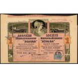 Greece: Societe Athenienne d'Automobiles "Athena", a trio of share certificates comprising 1 sh...