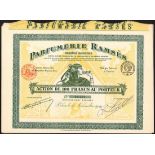 France: Parfumerie Ramses S.A., a group of 10 certificates for 100 francs shares, Paris 1919, s...