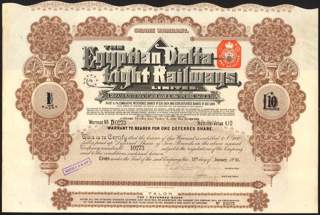 Egypt: Egyptian Delta Light Railways Ltd., a small group of certificates comprising 1 deferred...