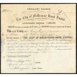 Australia: City of Melbourne Bank Ltd., £5 ordinary shares, 189[3], #625, black. Closed its doo...