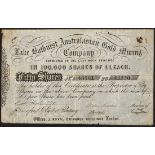 Australia: Lake Bathurst Australasian Gold Mining Company, certificate for 50 shares of £1, und...