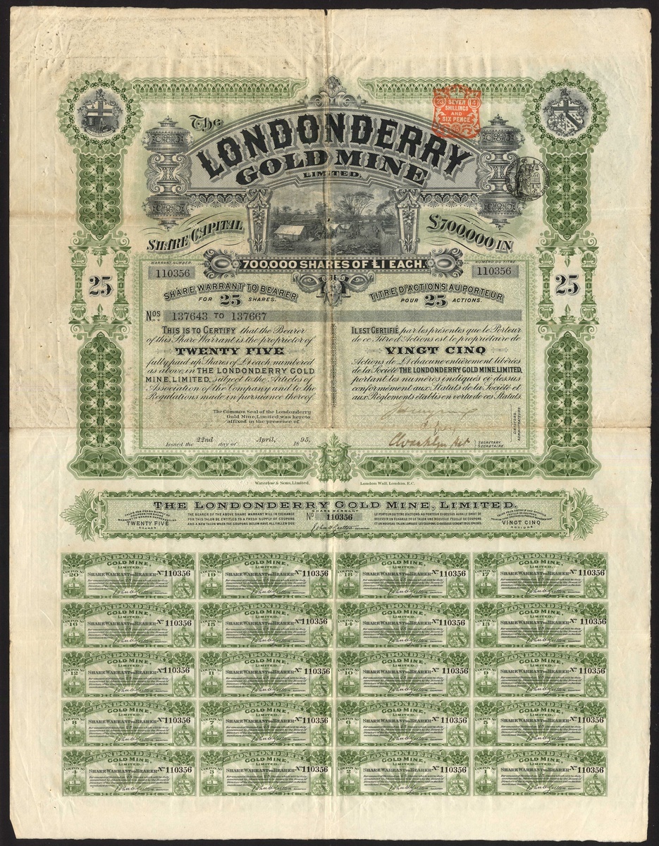 Australia: Londonderry Gold Mine Limited, bearer warrant for 25 shares of £1, 18[95], #110356,...