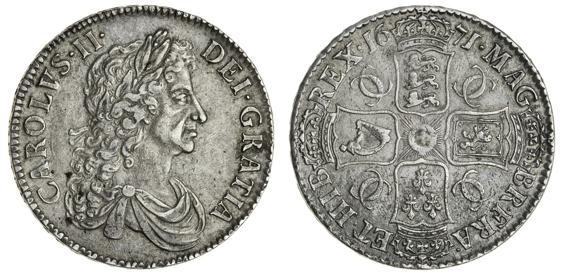 Charles II (1660-85), Crown, 1671, third bust, rev. no stop after hib, eight strings to harp, +...