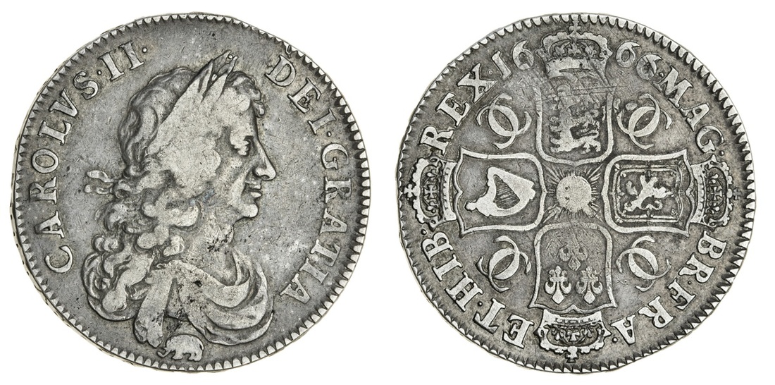 Charles II (1660-85), Halfcrown, 1666 over 4, third bust, elephant below, rev. seven strings to...