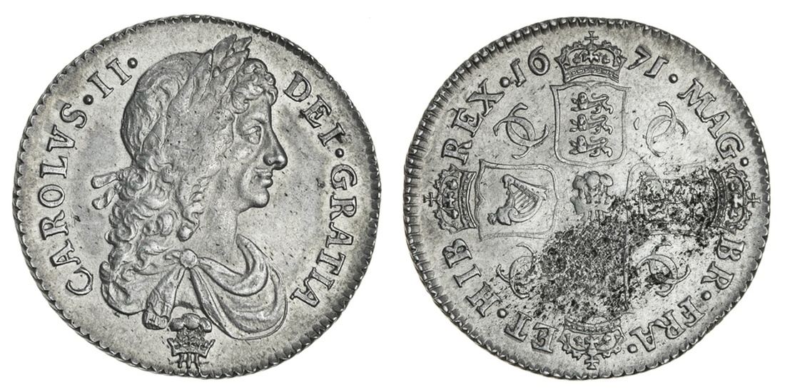 Charles II (1660-85), Shilling, 1671, second bust, plume below, rev. no stop after hib, plume i...