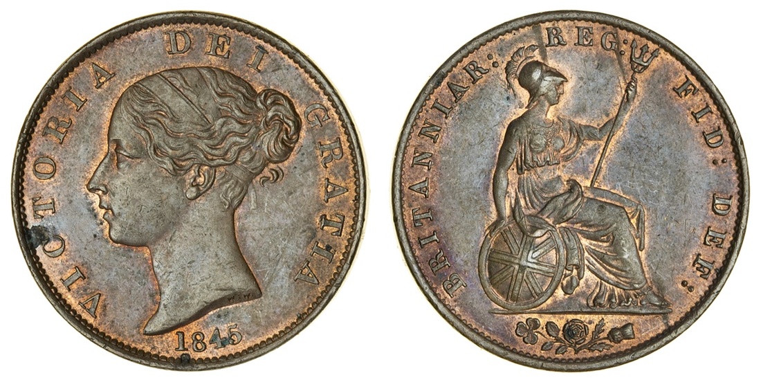 Victoria (1837-1901), Halfpenny, 1845 (BMC [Peck] 1529; S.3949), lustre in recesses, but with o...