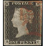 Great Britain 1840 One Penny Black Plate II RC slightly worn impression, good to large margins...