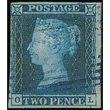 Great Britain 1841 Two Pence Blue Plate 3 OL close to very large margins, blue Scottish 1844 ty...