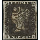 Great Britain 1840 One Penny Black Plate Ib HI large balanced margins, practically complete and...