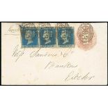 Great Britain 1841 Two Pence Blue Plate 4 FH-FJ horizontal strip of four, FJ cut into, the othe...