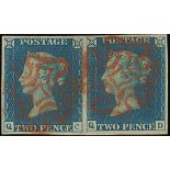 Great Britain 1840 Two Pence Blue Plate 1 QC-QD horizontal pair, good to large margins all roun...