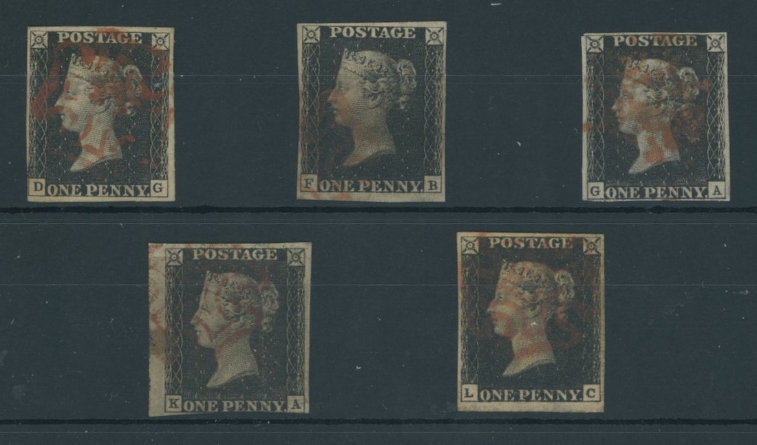 Great Britain 1840 One Penny Black Plate V DG, FB, GA, KA and LC, each cancelled in red,