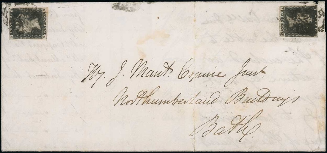 Great Britain 1840 One Penny Black Plate IV SG and TH each placed sideways on entire letter, da...