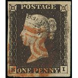 Great Britain 1840 One Penny Black Plate IV RI good to very large margins all round, red Maltes...