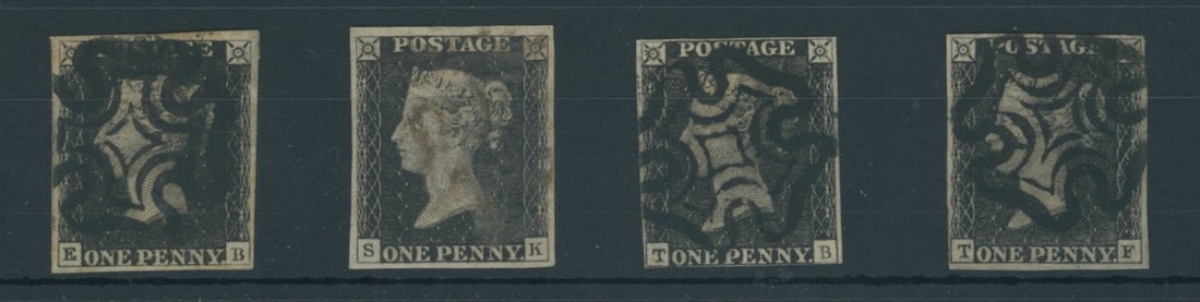 Great Britain 1840 One Penny Black Plate VI EB, SK, TB and TF, each cancelled in black,