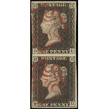 Great Britain 1840 One Penny Black Plate Ia DD-ED vertical pair, large margins all round,