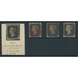 Great Britain 1840 One Penny Black Plate VI AK, FJ, FK and HD, each cancelled in red, the first...