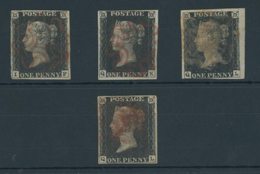 Great Britain 1840 One Penny Black Plate VI IF, QK and QL (2), each cancelled in red, mostly wi...