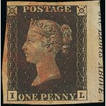 Great Britain 1840 One Penny Black Plate Ib IL non coincident re-entry, part of sheet margin an...