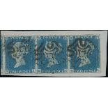 Great Britain 1840 Two Pence Blue Plate 2 MJ-ML horizontal strip of three,