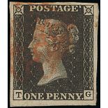 Great Britain 1840 One Penny Black Plate V TG good to large margins, red Maltese Cross cancella...