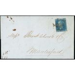 Great Britain 1841 Two Pence Blue Plate 3 SB large margins, tied to entire letter, dated 8 Apri...