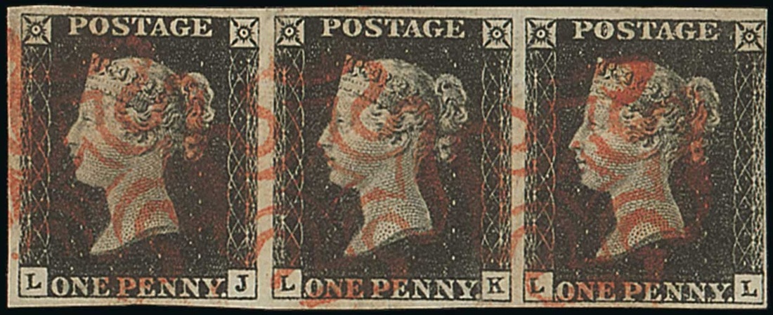 Great Britain 1840 One Penny Black Plate IV LJ-LL horizontal strip of three with crisp red Malt...