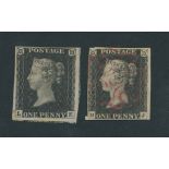 Great Britain 1840 One Penny Black Plate Ib LE and MJ, margins all round, LE very lightly cance...