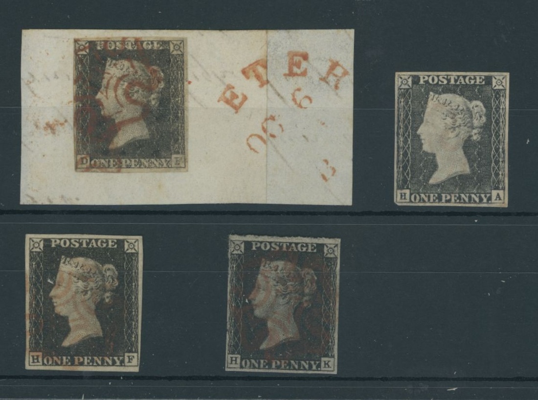 Great Britain 1840 One Penny Black Plate Ia DF (on piece), HA, HF and HK, all with margins all...