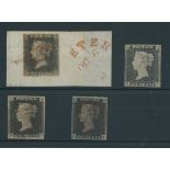 Great Britain 1840 One Penny Black Plate Ia DF (on piece), HA, HF and HK, all with margins all...