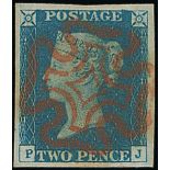 Great Britain 1840 Two Pence Blue Plate 1 PJ large margins, pale blue shade, complete and pract...