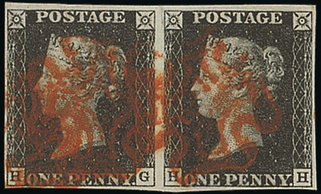 Great Britain 1840 One Penny Black Plate VII HG-HH horizontal pair, close to large margins all...