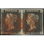 Great Britain 1840 One Penny Black Plate VII HG-HH horizontal pair, close to large margins all...
