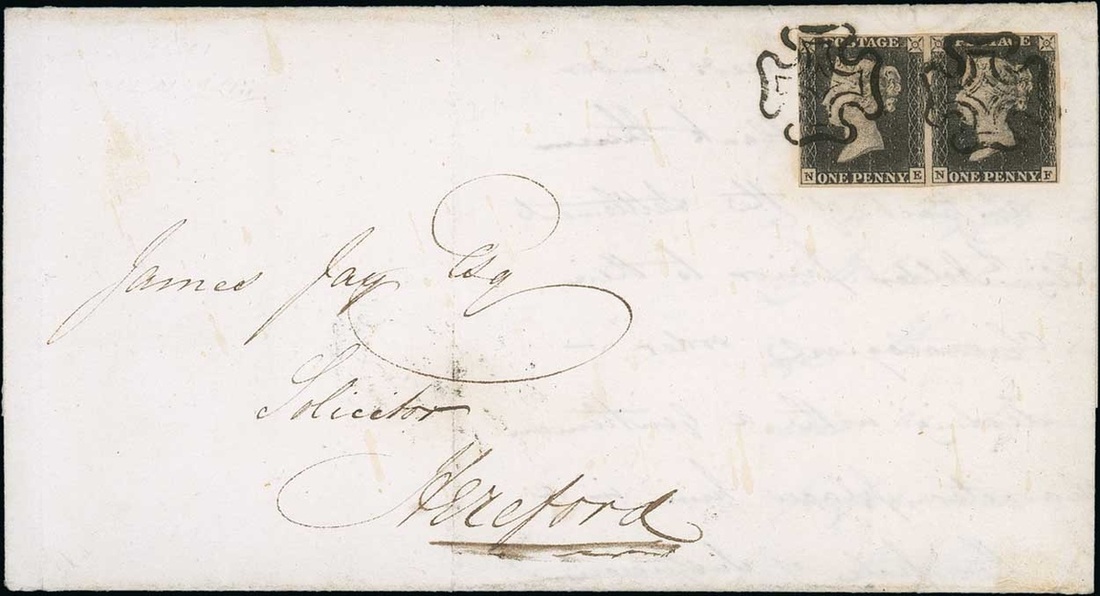 Great Britain 1840 One Penny Black Plate VII NE-NF horizontal pair with close to large margins...